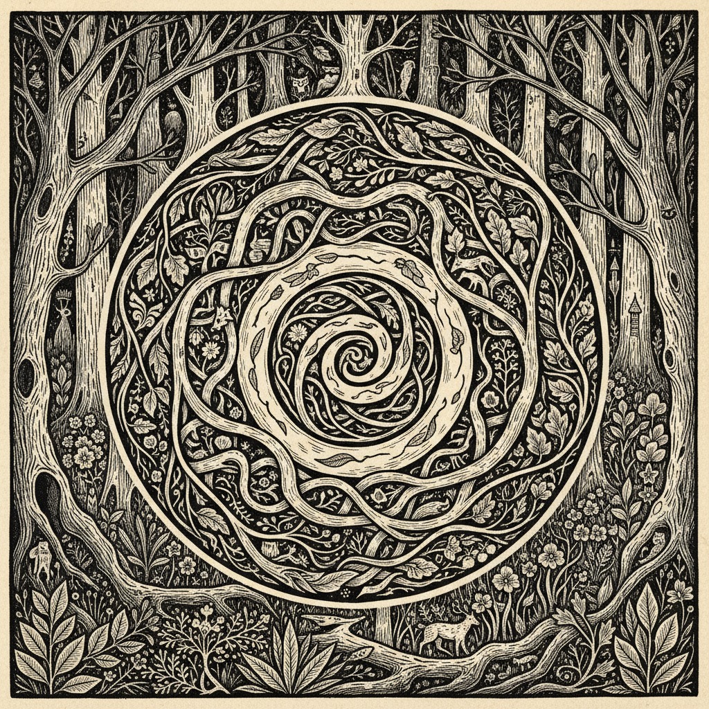 A black and white linocut print features a dense forest surrounding a central circular mandala of intertwined roots, branches, and leaves.